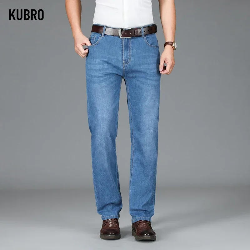 KUBRO Jeans elasticizzati leggeri larghi dritti stile classico Business Casual moda giovane uomo pantaloni in Denim sottile di alta qualità