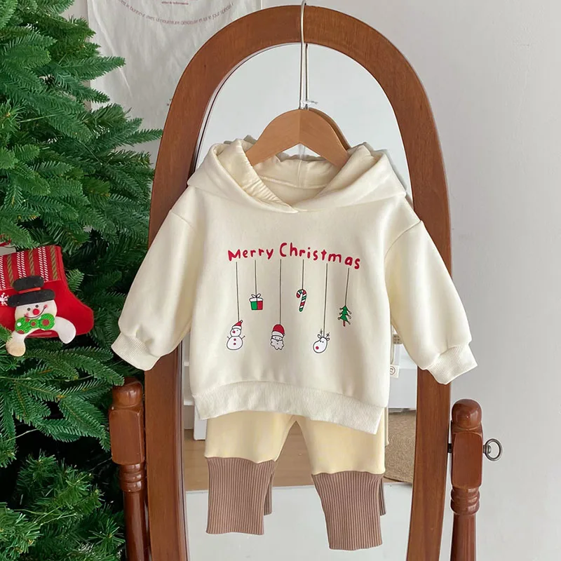 New Year Infant Baby Girls Boys Clothing Set Christmas Toddler Baby Boys Girl Clothes Suit Hooded Plush Pullover Cartoon Print