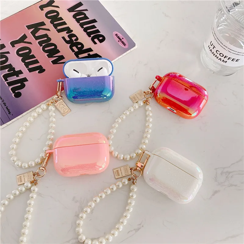 3D Pearl Shell Keychain Water Drop Rainbow Hard Headphone Earphone case for apple airpods pro Wireless Headset cover