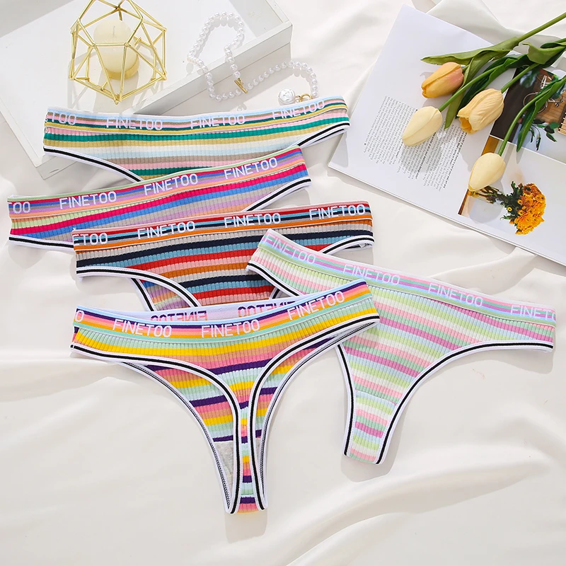 FINETOO 3PCS/Set Women Cotton Seamless G-string Sexy Colorful Striped Lingerie Panties S-XL Thongs Female Letter Waist Underwear