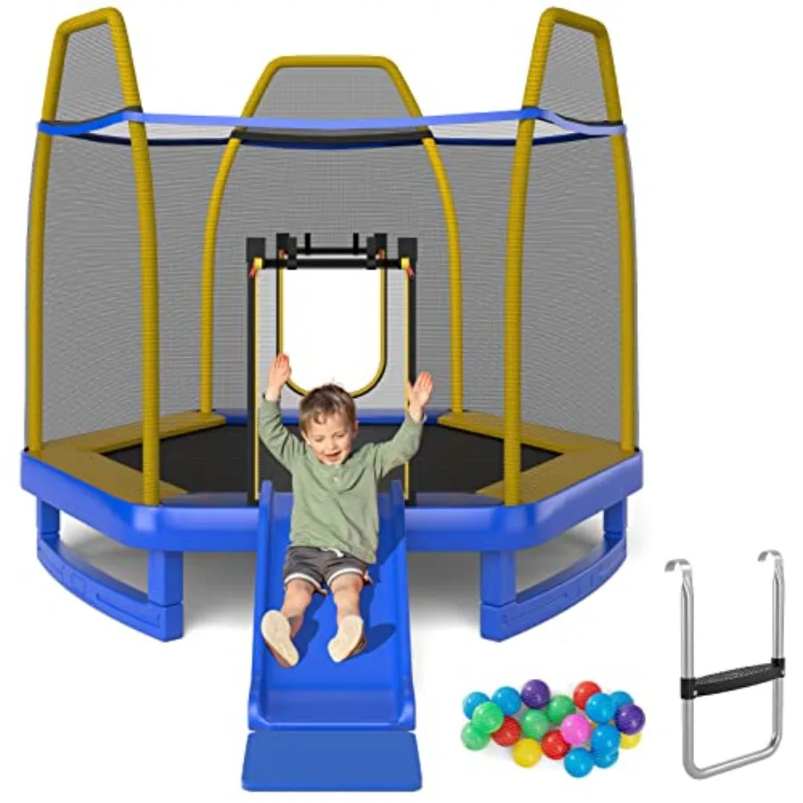 7 FT Trampoline With Ladder Slide Ocean Balls ASTM Approved Recreational Trampoline With Enclosure Net And Spring Cover