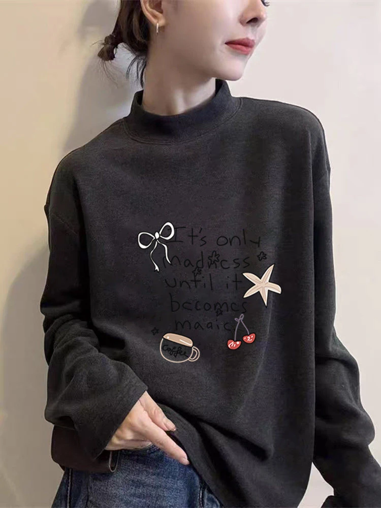 Thiened Long Sve Women's Faionable Versatile Deep ey Warm Inner Wear Base irt Trendy f High Collar T-irt