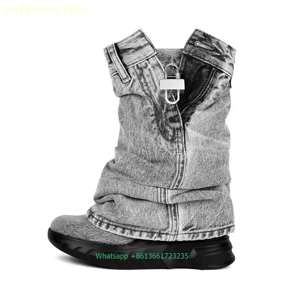 2025 New Thick Bottom Shark Boots Round Toe Wedge Black Denim Metal Lock Mid-Calf Boots Side Zipper Large Size Trouser Boots