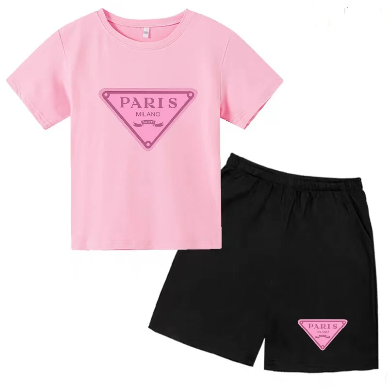 

Kids Summer Pink T-shirt Short-sleeved+Shorts Two-piece Boy Girl 3-12Yrs Charming Trend Letters Casual Fashion Street Sports Set