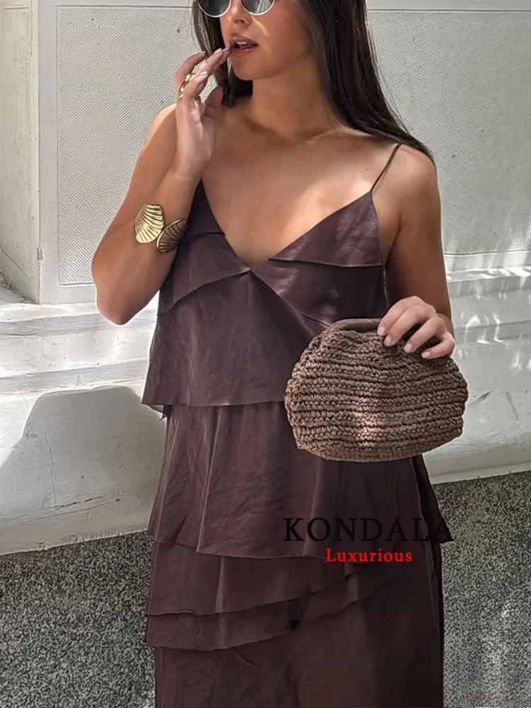 KONDALA-vestido camisola elegante y Sexy para mujer, vestido largo asimétrico con volantes en capas y cuello en V, vestido playero para vacaciones de verano a la moda