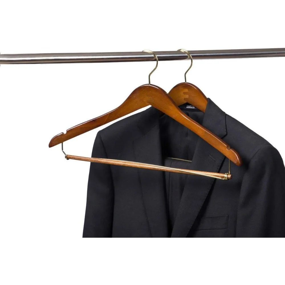 Curved Wooden Hangers Beautiful Sturdy Suit Coat Hangers with Locking Bar Gold Hooks Walnut Finish