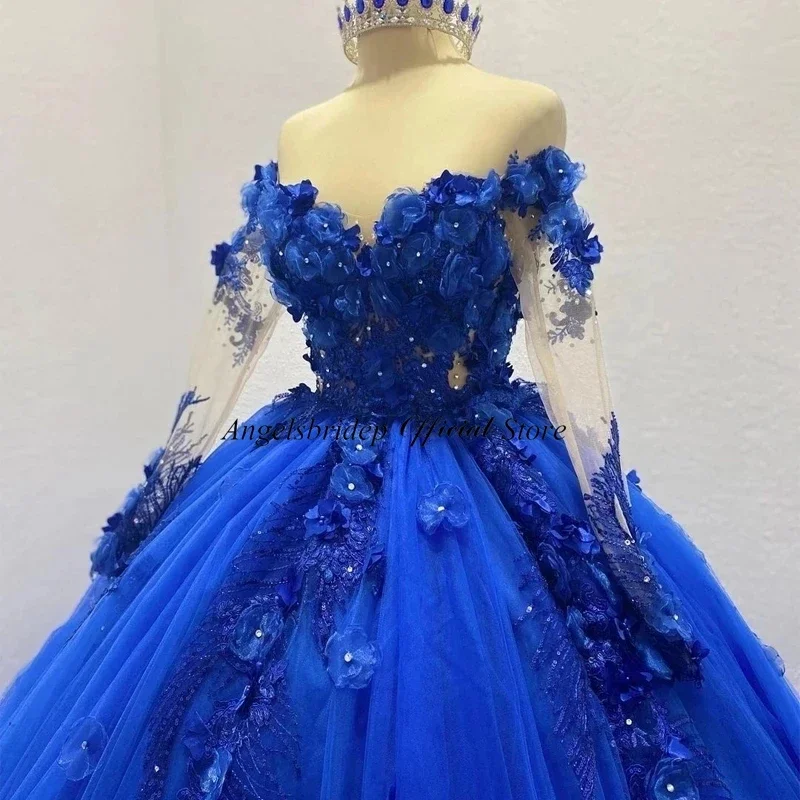 Royal Blue Ball Gown Quinceanera Dresses 3D Flowers Applique Princess Birthday Party Prom Gowns Vestidos De 15 Años