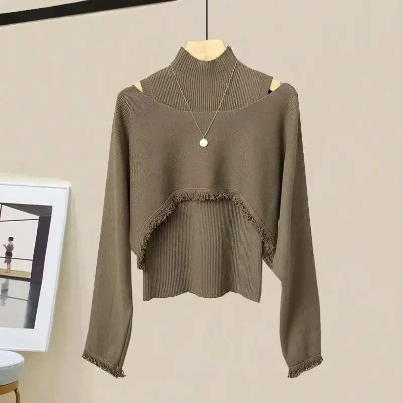 2025 primavera otoño nueva elegante cubierta de borlas de punto + suéter inferior de cuello medio alto + falda Midi traje de vestir de 3 piezas para mujer ZL917