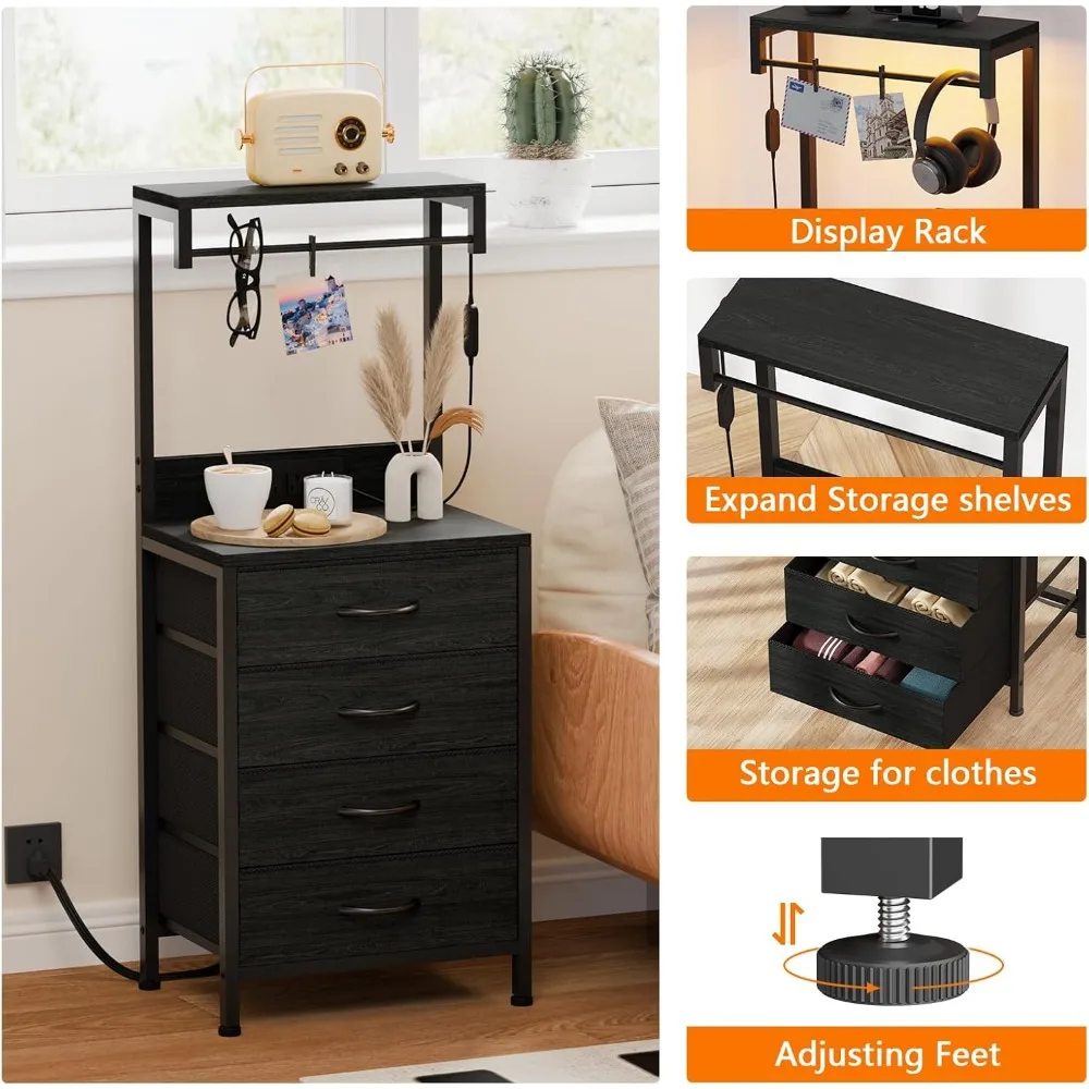 Comodino alto con stazione di ricarica, luci a LED, 4 cassetti e ripiani in tessuto per camera da letto, ufficio (rovere nero)