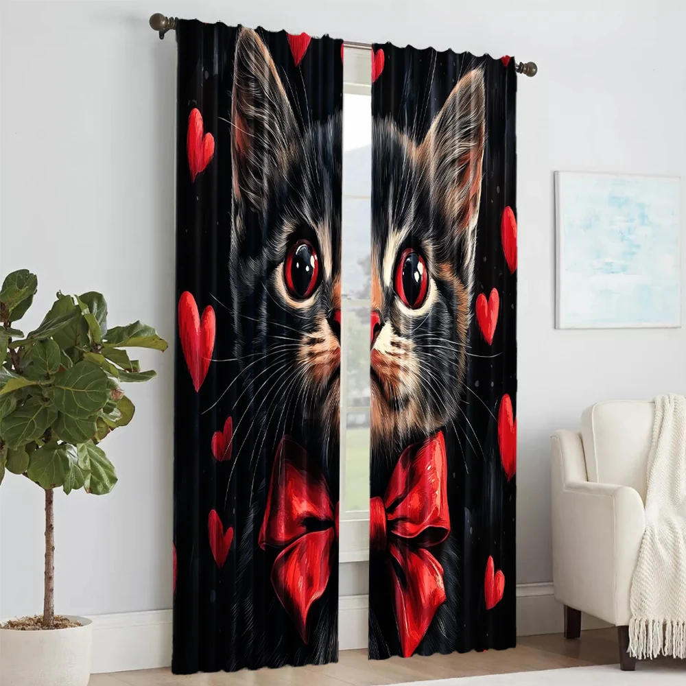 2 pcs, versatile polyester transparent curtains for home decoration Love cat for use in bedrooms and living rooms