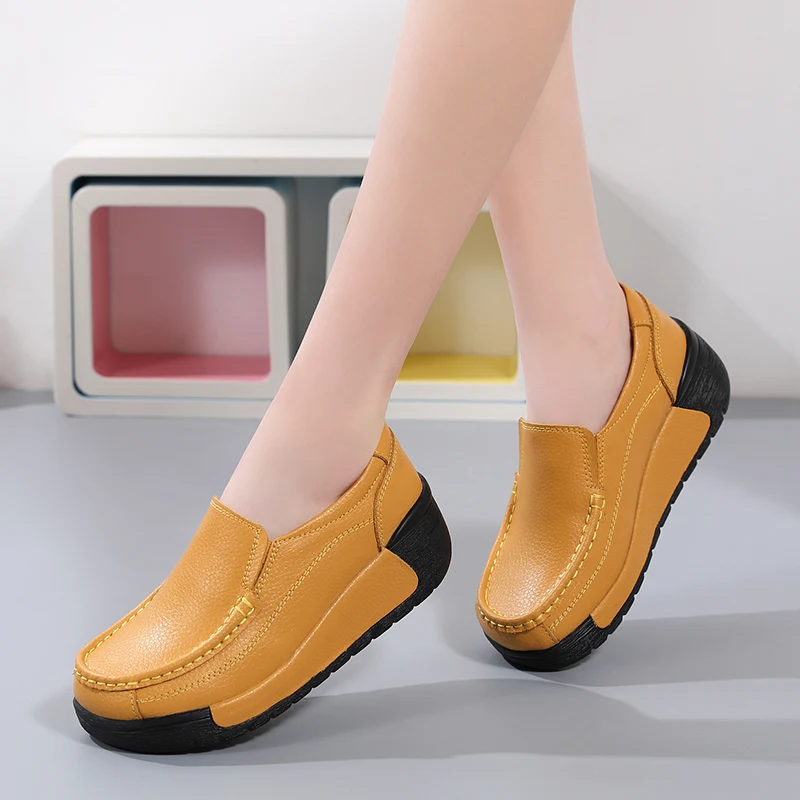 

Thick Bottom Genuine Leather Casual Shoes Women Lightweight Height-Increasing Wedges Shoes Ladies Non-Slip Flatform Walking Shoe