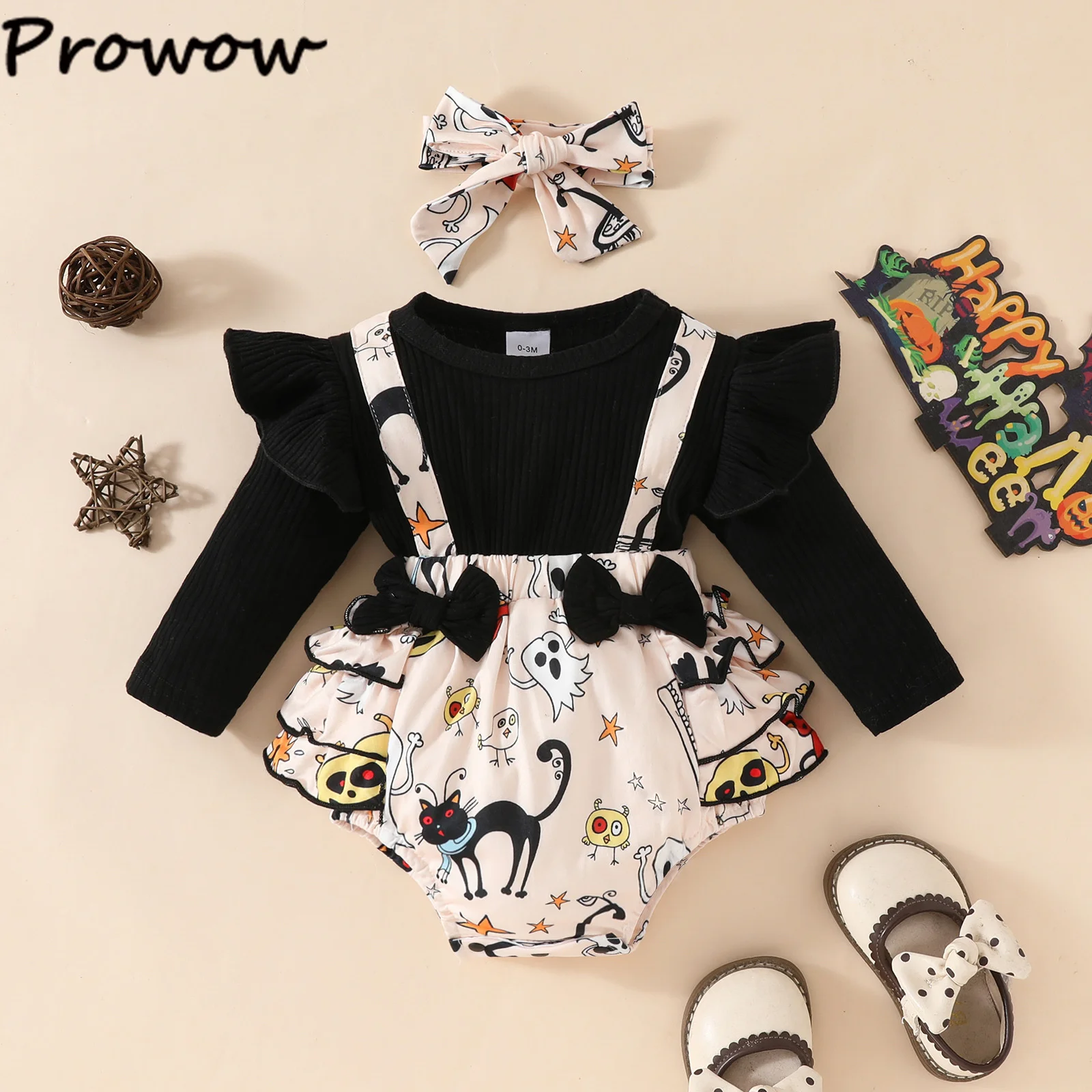 Prowow Baby Halloween Bodysuit For Girls Orange Pumpkin Printed Romper With Headband 2pcs Sets My First Halloween Baby Costume