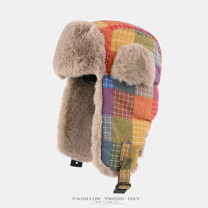 Retro Farbblock-Karomuster Plüsch Lei Feng Mütze für Herren und Damen Winter mit Samt und Verdickung zum Gehörschutz Bomber-Mützen – Detail 1