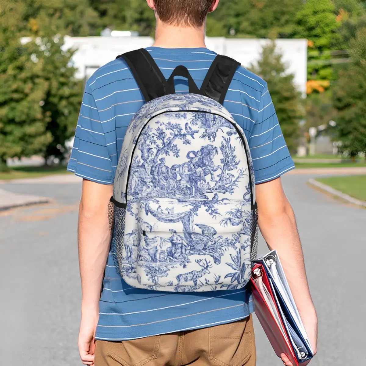 Blu Navy Toile De Jouy zaino per Laptop donna uomo Fashion Bookbag per studenti delle scuole universitarie borse floreali di campagna francese