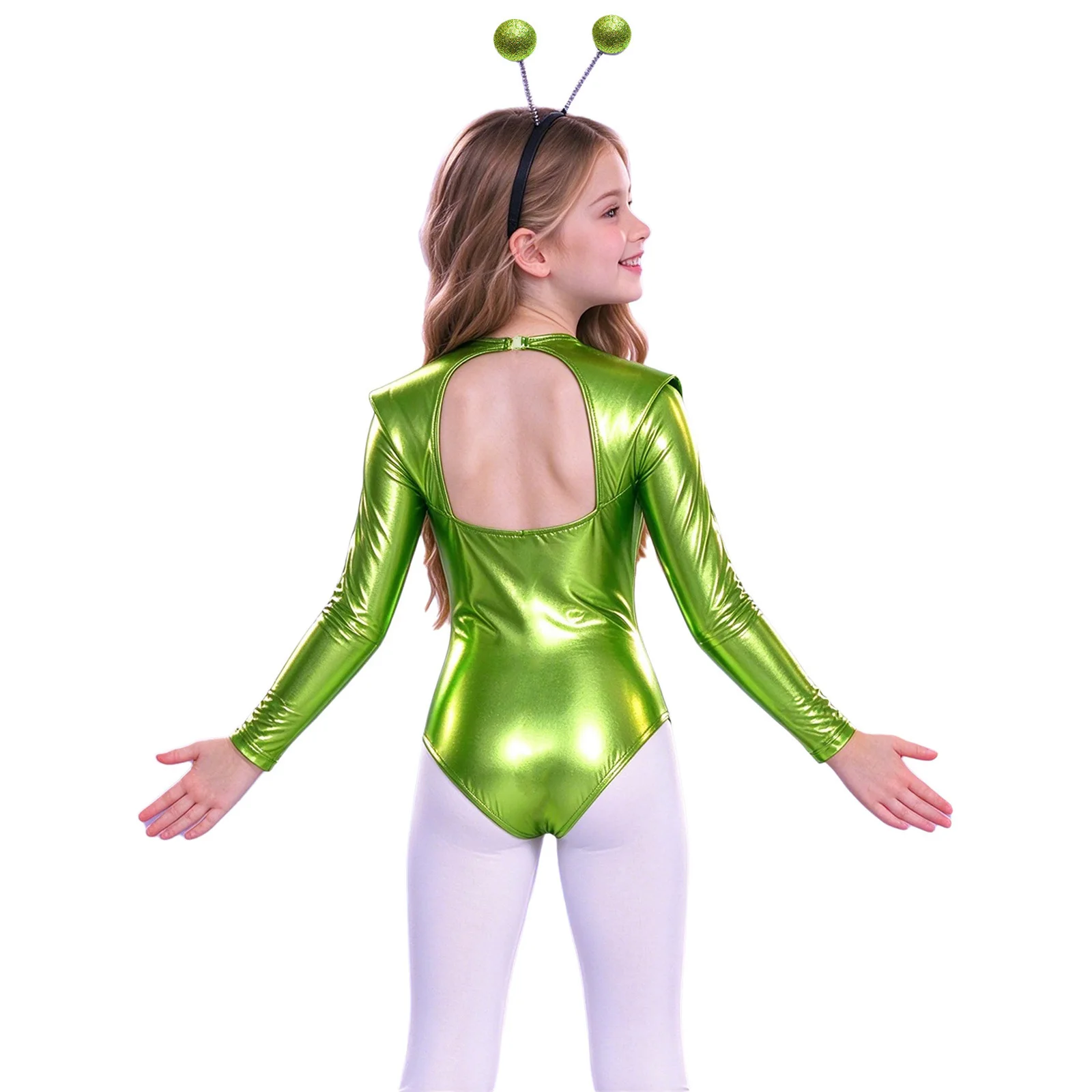 Kids Girls Metallic Ballet Dance Leotard Gymnastics Bodysuit with Hair Hoop for Halloween Astronaut Robot Space Alien Costume
