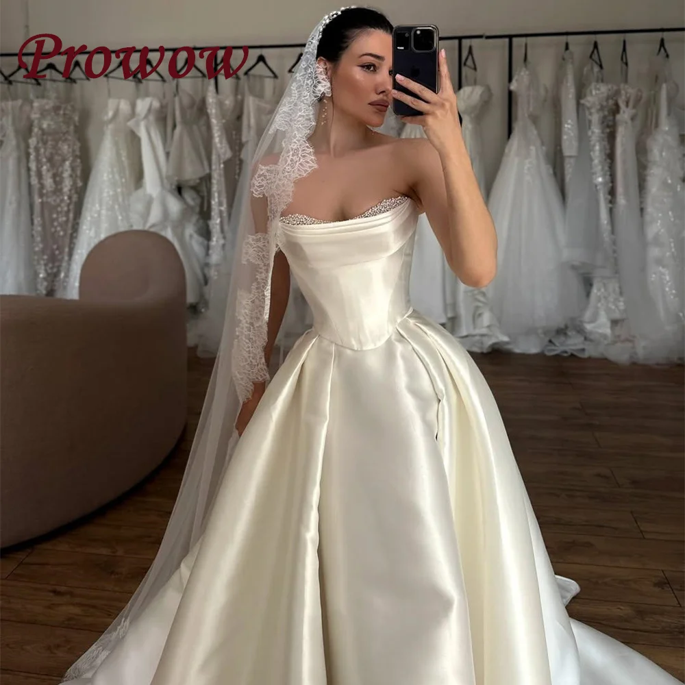 

Prowow Elegant A-Line Wedding Dresses Strapless Side Silt Bridal Gowns Sleeveless Floor-Length Pleats Mikado Beading Customized