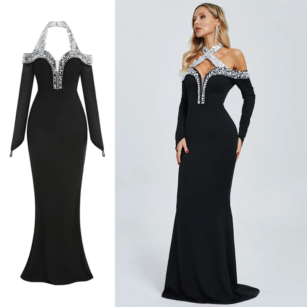 

Glamorous Black Mermaid Long Dress with Rhinestone Halter Off - Shoulder Sleeves Prom Evening Gown
