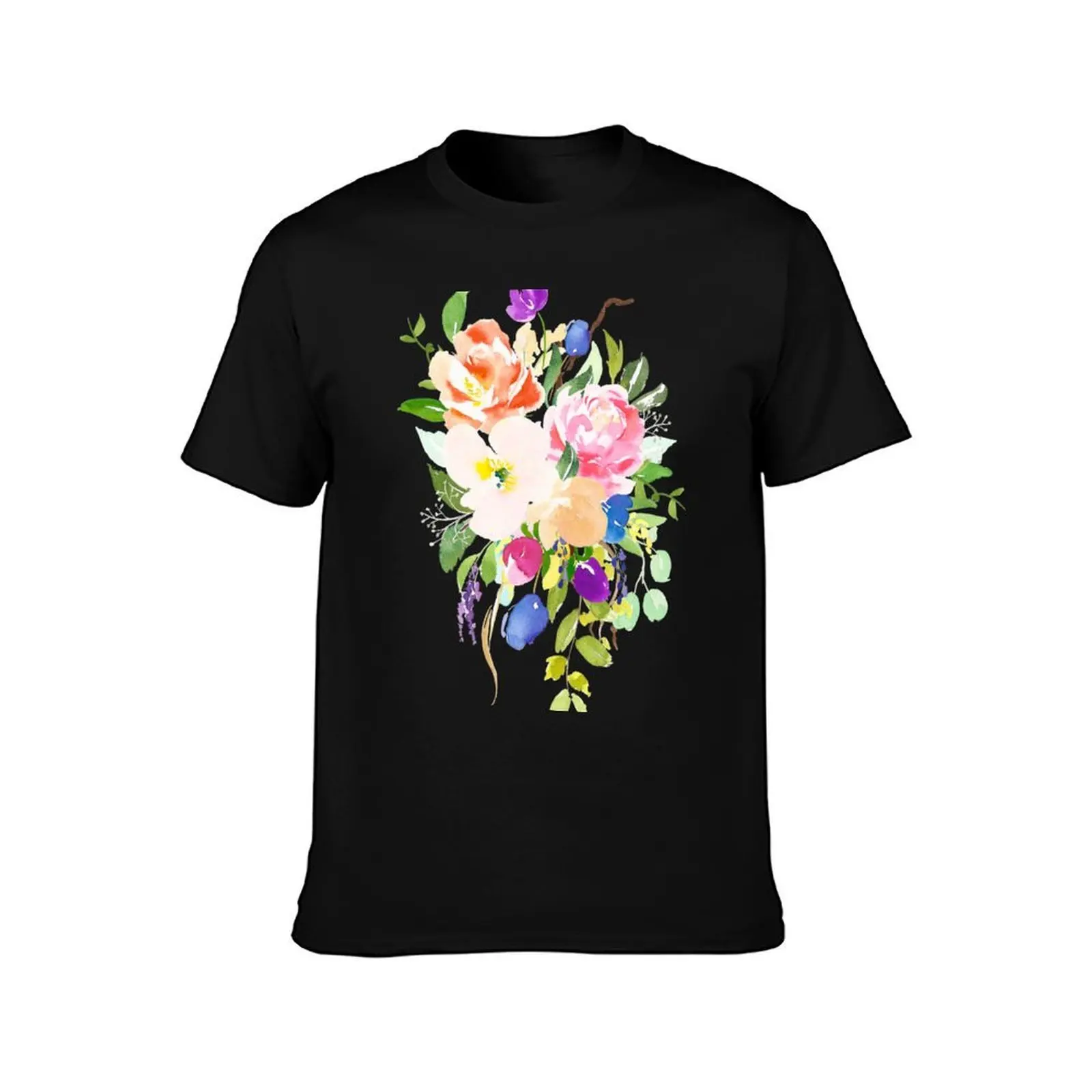 Watercolor Floral Bouquet Mixed Flowers T-Shirt Plus Size Short Sleeve T-Shirt