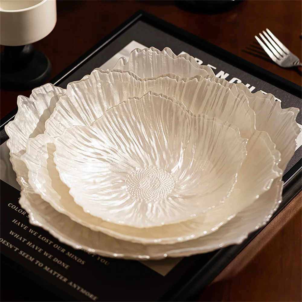 Petal Pearl Glass Fruit Plate Decorative Household Jewelry Tray Snack Dish for Weddings, Bar Reception Table Decoration