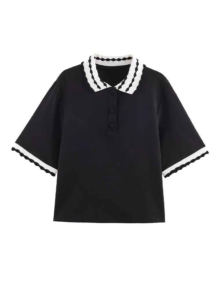 

HH Women Summer New Fashion Versatile POLO Collar Splice Short T-shirt Female Temperament Simple Button Short-Sleeved Top