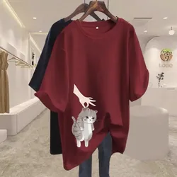 Women Clothing Chic Pinch Cat by Hand Print T-shirt Summer O-neck Short Sleeve Pure Cotton Basic Top Tee Loose Pullover 45-105Kg