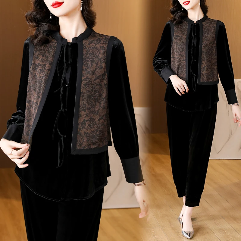 black velvet fashion chinese cheongsam suit women new loose velvet top wide leg pants two-piece daily elegant qipao set s93