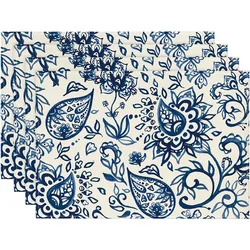 4pcs Set Beige Floral Paisley Placemats, 12x18 Inch Polyester Table Mats with Blue Floral Patterns for Spring Dining, Party Deco