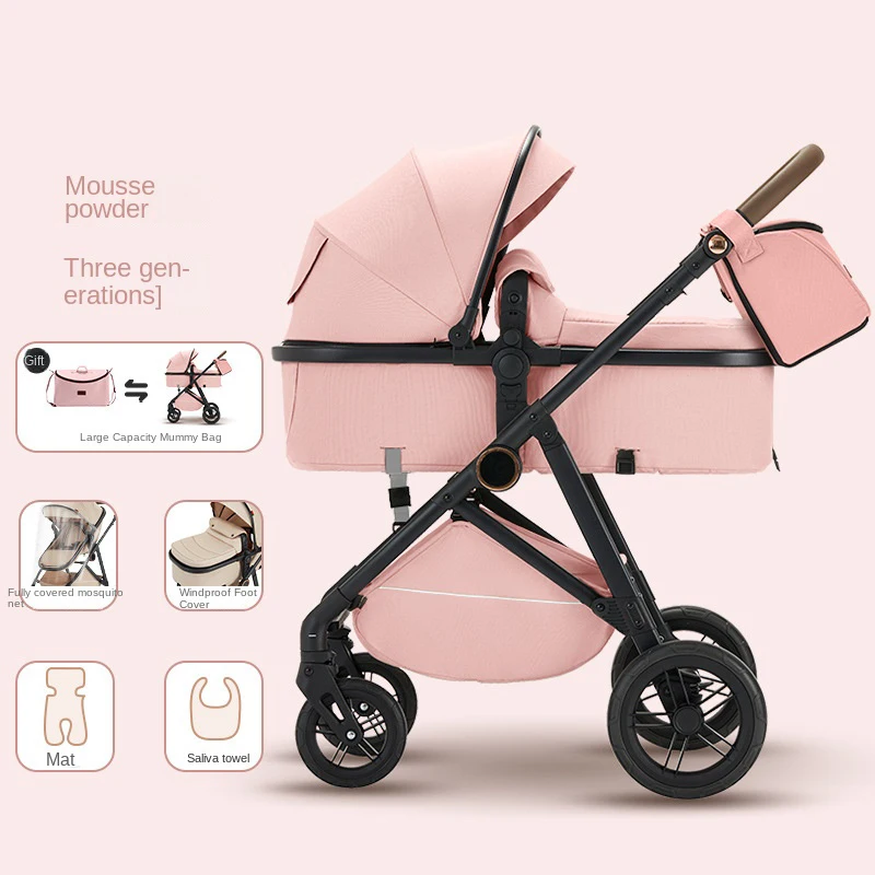 

Pink Baby Stroller High Landscape Baby Carriage with Mum's bag Two-way Shock-absorbing Lightweight Folding Newborn Stroller