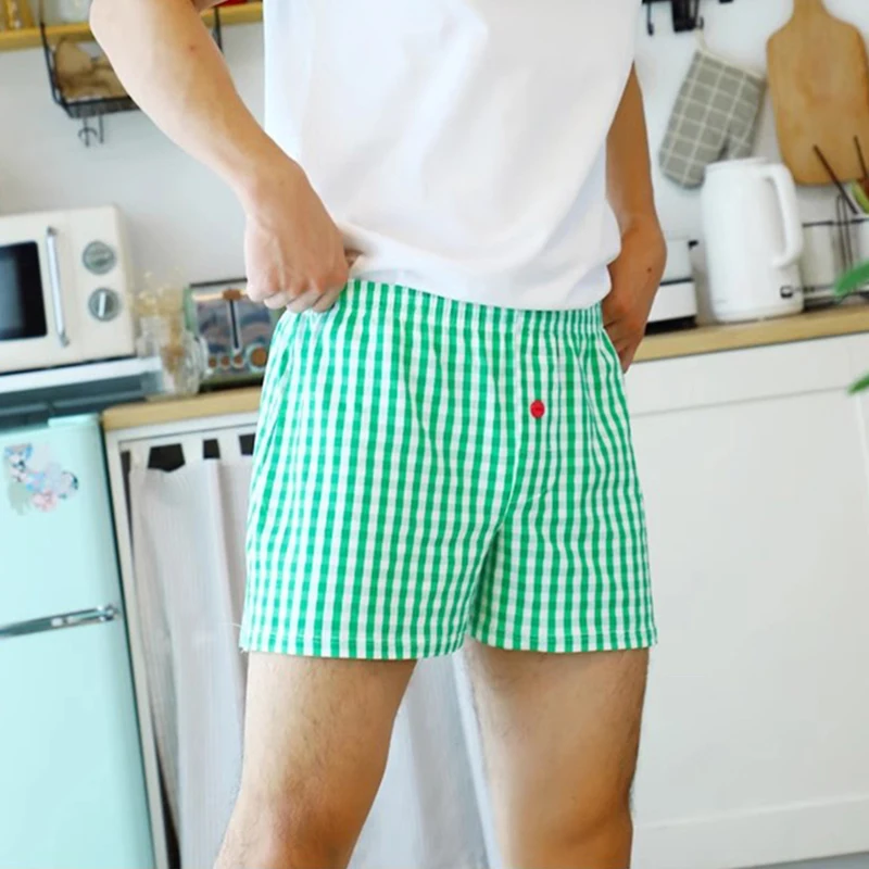 Boxer à carreaux en coton pour hommes, sous-vêtements décontractés, taille élastique, été, respirant, pantalon de plage, culotte américains
