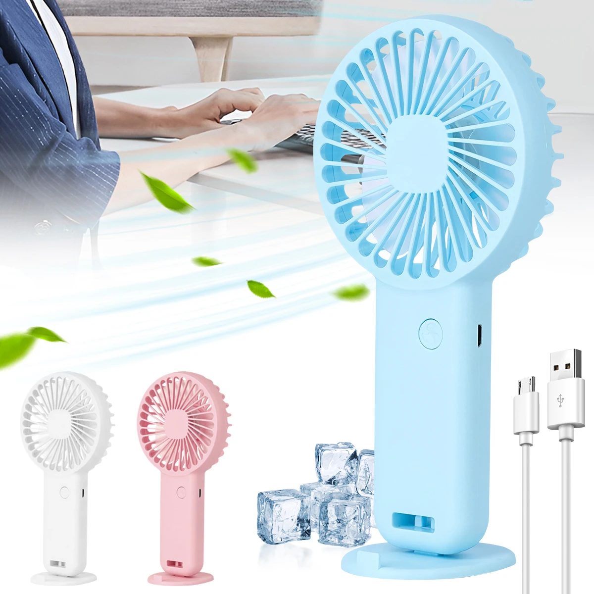 Portable Mini Fans 600mAh USB Rechargeable Fans 3 Modes With Phone Stand for Travel Makeup Eyelash