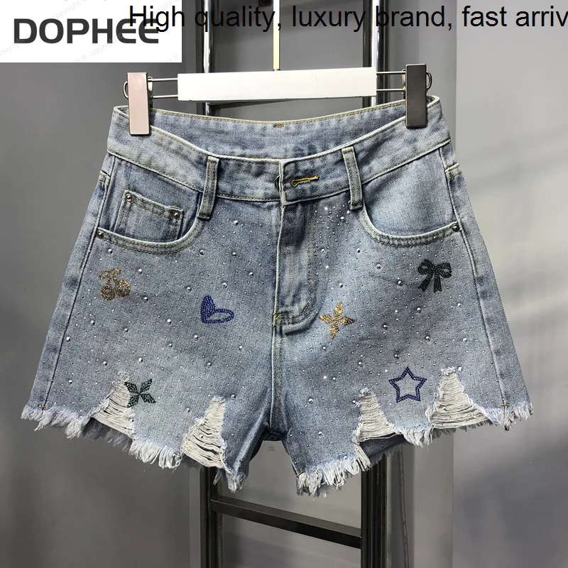 

Letter Hole Drilling Teassl High Waist Denim 2023 New Summer Fashion Streetwear Hot Shorts Wide Leg Short Jean Ladies