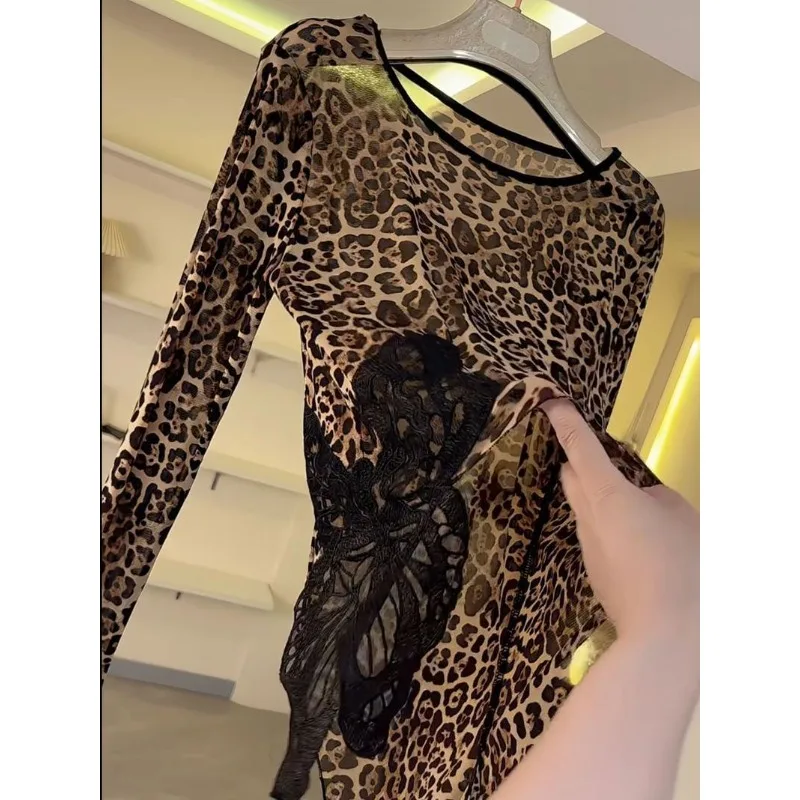 Haut de danse latine personnalisé pour femmes, imprimé léopard, Costume à manches longues, Cha-cha Samba, entraînement de danse de salle de bal, Costume en maille