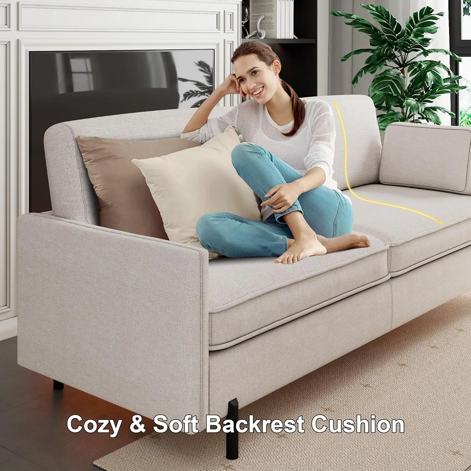 Feonase Sofa nyaman 79 inci, dudukan Sofa Linen Modern dengan 2 bantal, rangka kayu Solid & kaki logam, sempurna untuk ruang tamu,