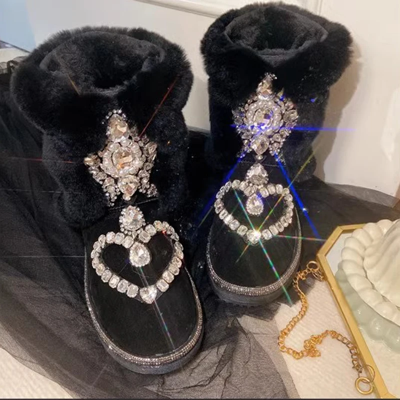 Super Bling Rhinestone Heart Beading Cow suede Snow Boots Crystal Thick Sole Slip On Warm Winter Fur Booties Woman