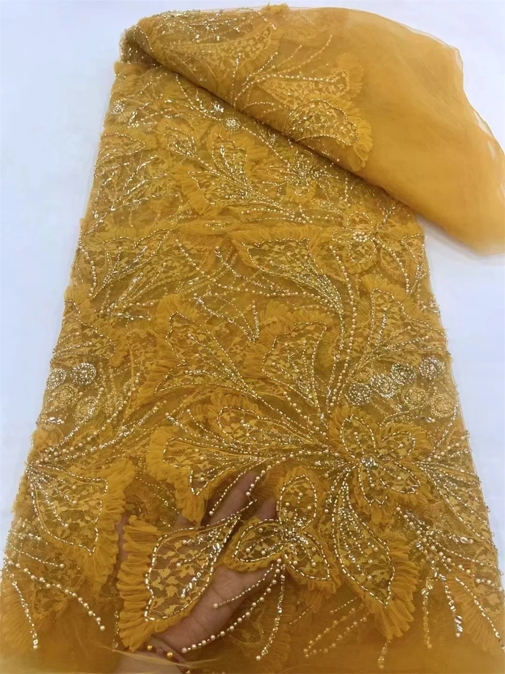 Tissu de dentelle 3D français de luxe avec appliques de fleurs, paillettes africaines nigwin, perlé pour la couture, 5 mètres, 2024