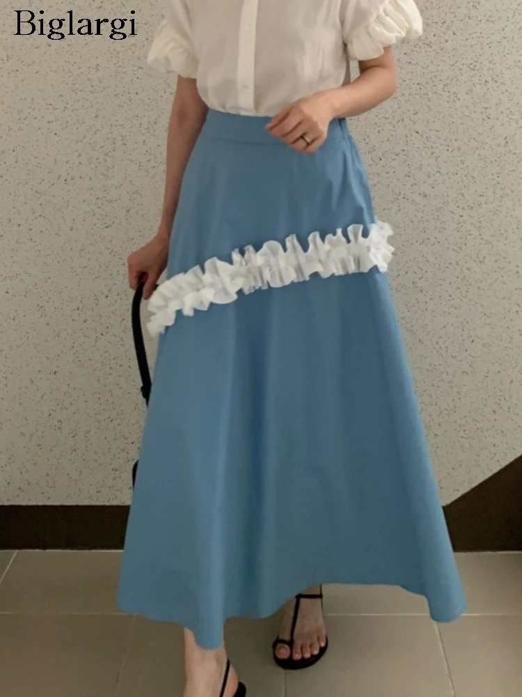 

Summer Skirt Women Lace Patchwork Sweet Fashion Irregular Pleated Ladies Skirts Korean Style Loose Ruffle Woman A-Line Skirt