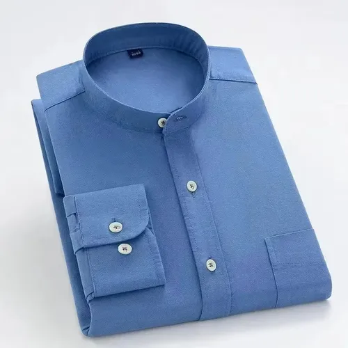 Camisa de manga larga 100 algodón con cuello levantado o cuello vuelto para hombre, camisa Retro holgada informal ajustada, Tops a la moda para hombre