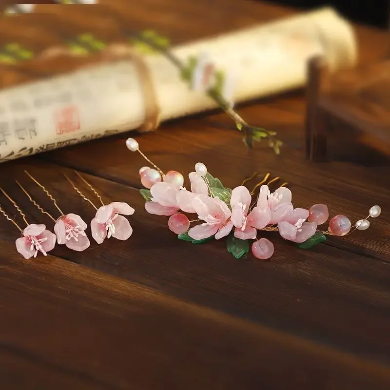 Hanfu Haarspeld Hoofdtooi Vrouwen Chinese Oude Vintage Roze Geglazuurde Bloemen Haarspeld Hanfu Hoofdtooi Haar Kam Vorken