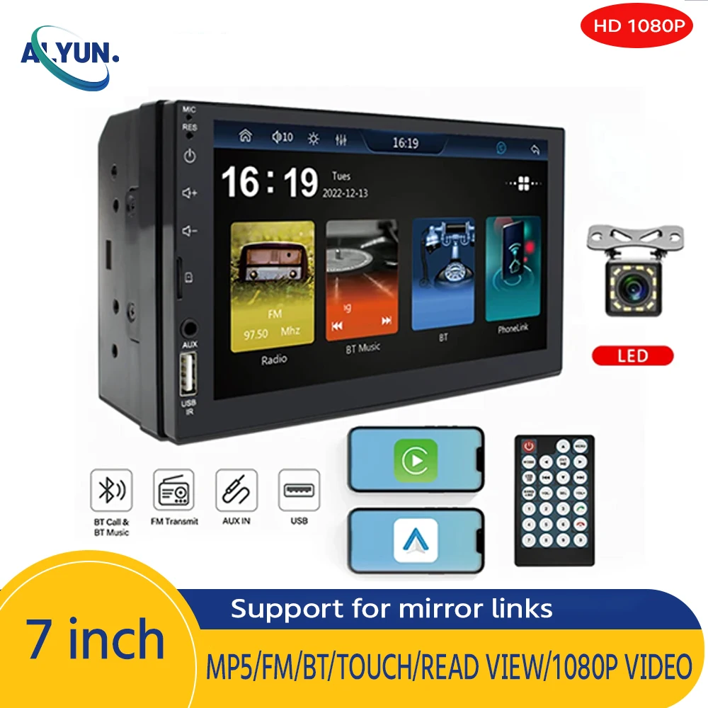 

7Inch Screen Full HD Touch Screen 2Din Car MP5 Carplay Android Auto FM Radio Player USB Bluetooth TF Card Camera Mirro Link