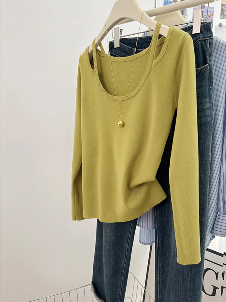 

Sexy Sling Knit Sweater Women Autumn And Winter Solid Color Long sleeve Pullover Sweater Off Shoulder Tops