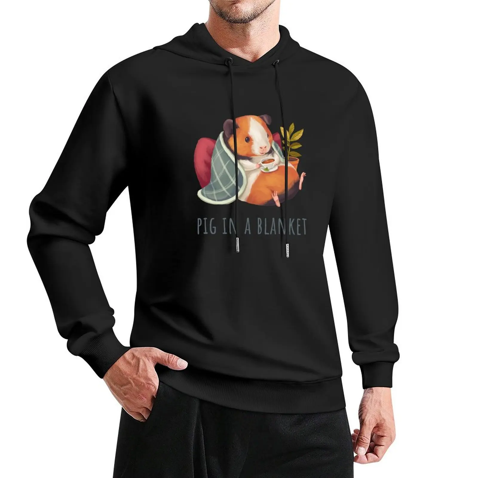 

Guinea Pig in a Cozy Blanket Chilling and Drinking Tea or Coffee Pullover Hoodie streetwear men designer hoodies