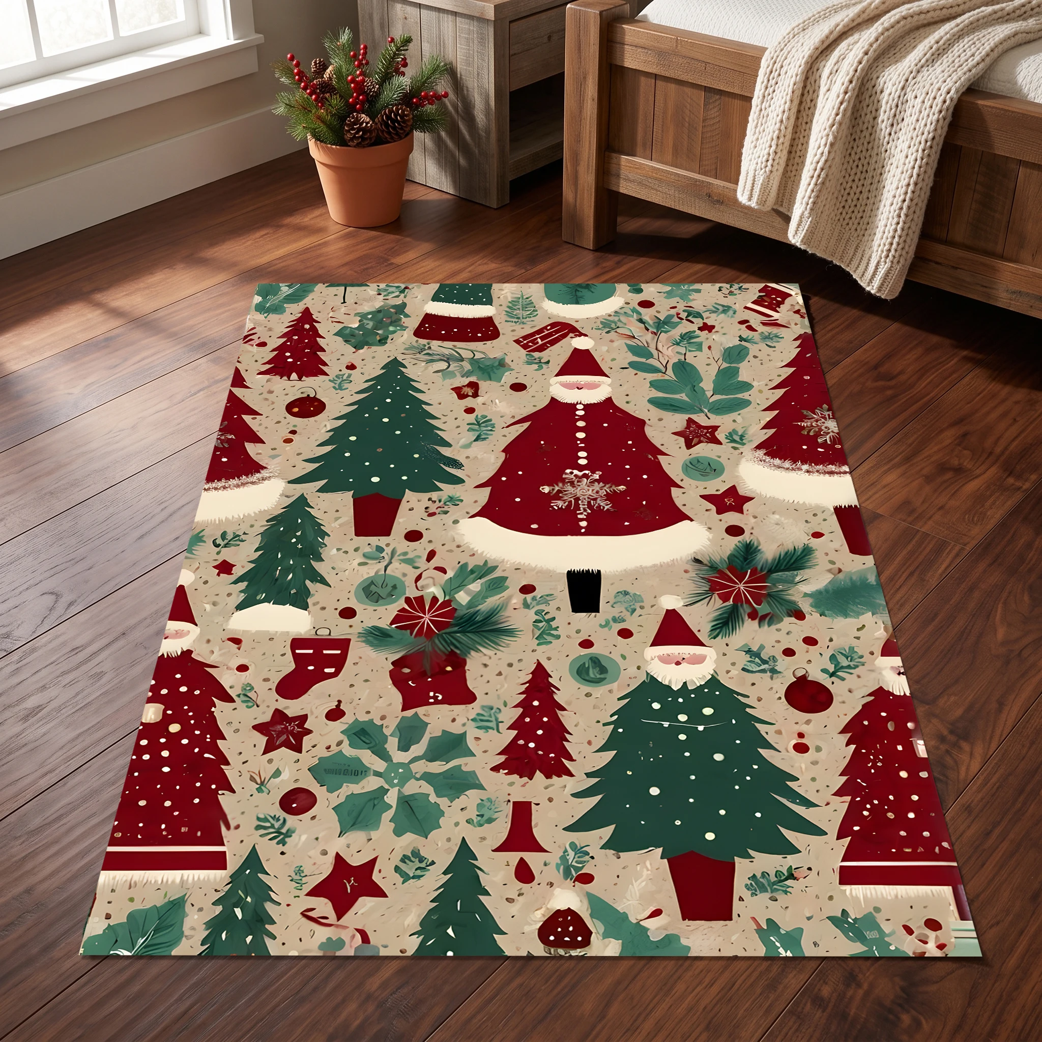 Velvet Rug All over Christmas Tree Bell Stocking Festive Design for Entryway Living Room Bedroom Home Decoration