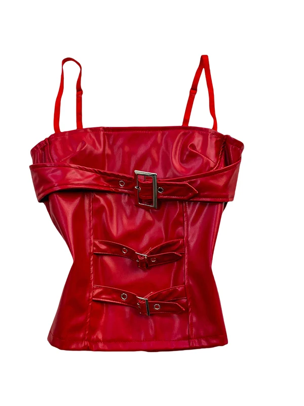 Top Cropped de Couro PU Sexy para Mulheres, Estilo Slimming com Cinto, Moda Casual Respirável para o Verão