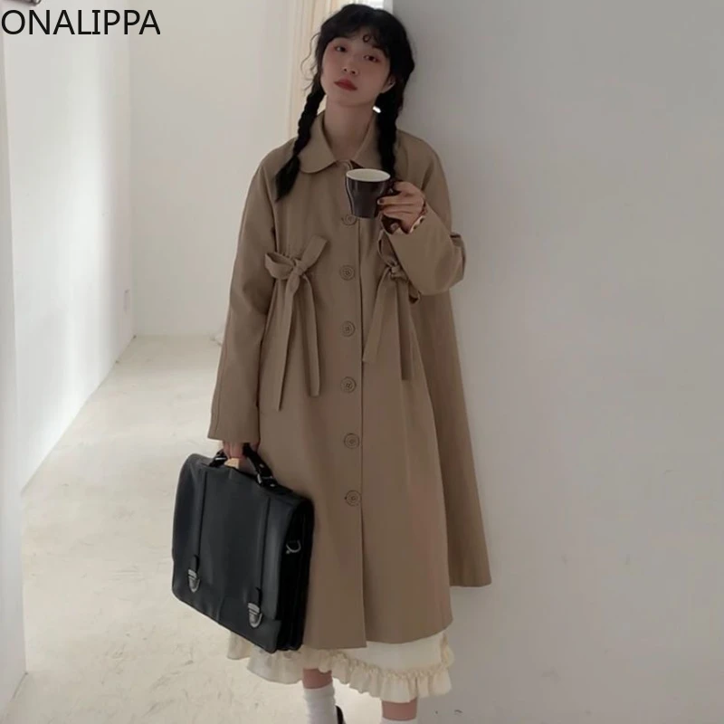 Onalippa Drawstring Lace Up Bows Trench Coat for Women Peter Pan Collar Coats Korean Single Breasted Coats and Jackets Women