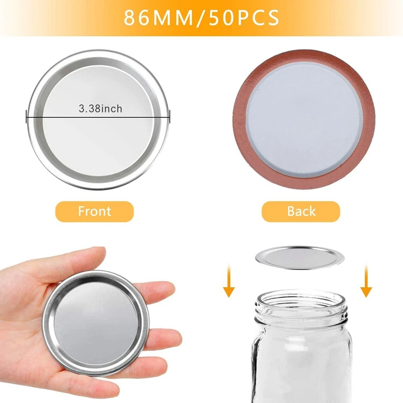 50 Pcs Wide Mouth 86 MM Jar Canning Lids, Reusable Leak Proof Split-Type Silver Lids With Silicone Seals Rings