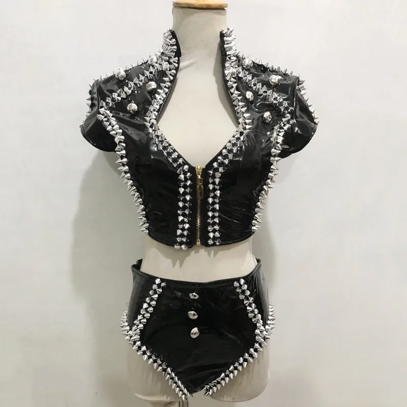 

Sexy Nightclub Bar DJ Singer Show Stage Wear Women Dancer Team Jazz Gogo Dance Costume Black PU Leather Rivet Tops Shorts Outfit