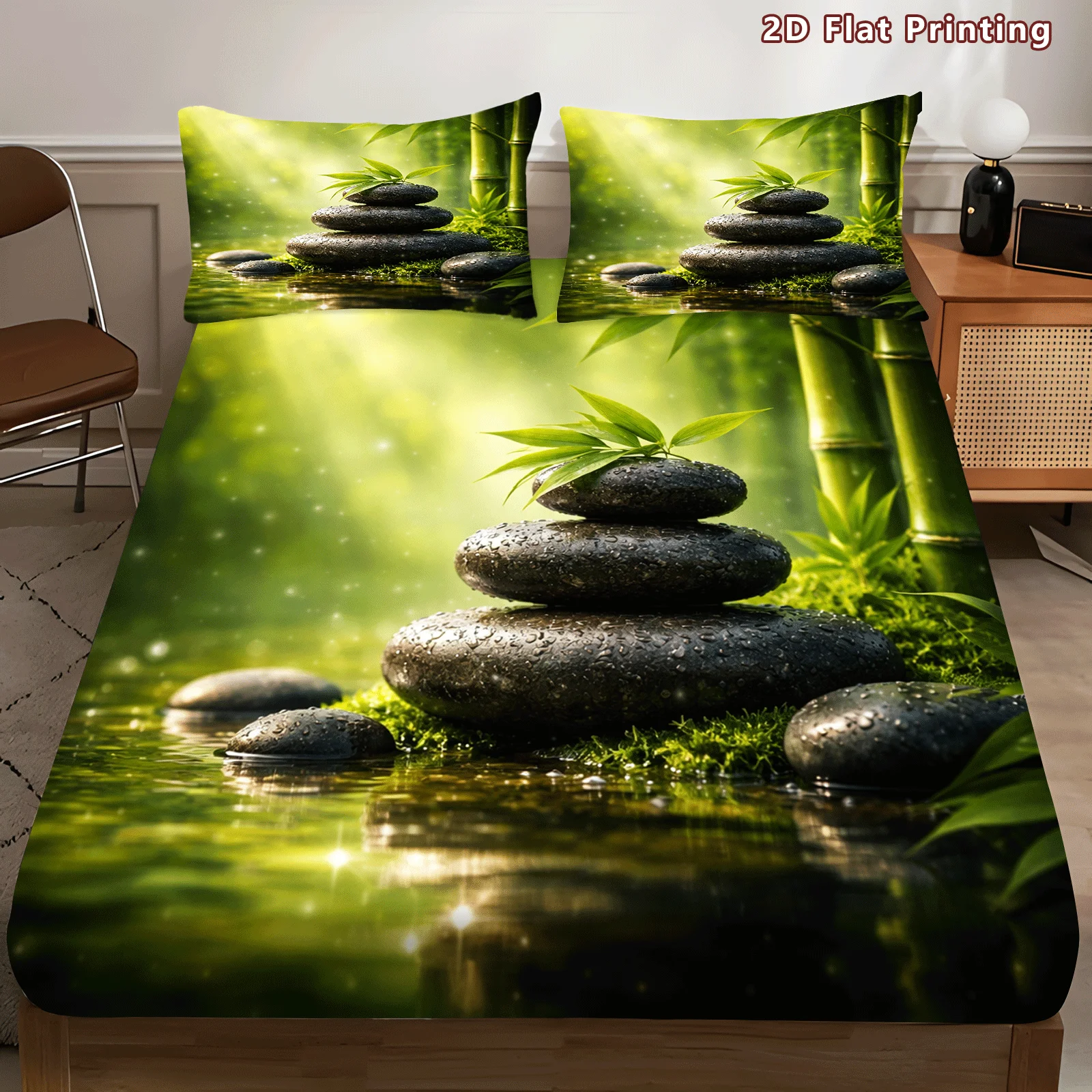 3-Piece Mattress Protector Set Zen-Style Bamboo Pattern Bed Sheet Set Breathable Polyester Bed Sheet and Pillowcase Bamboo Print Natural Scenery Home Bedroom Decoration Holiday Bed Sheet and Pillowcase Mattress Protector, Stain-Resistant Mattress Protector Cover. Suitable for All Seasons, Machine Washable, Easy to Care For, Suitable for Home Bedroom Use, Essential for Dormitories and Rentals, Master Bedroom and Guest Room Decoration, Dust-Proof and Stain-Resistant, High Elasticity, Fits Various Sizes