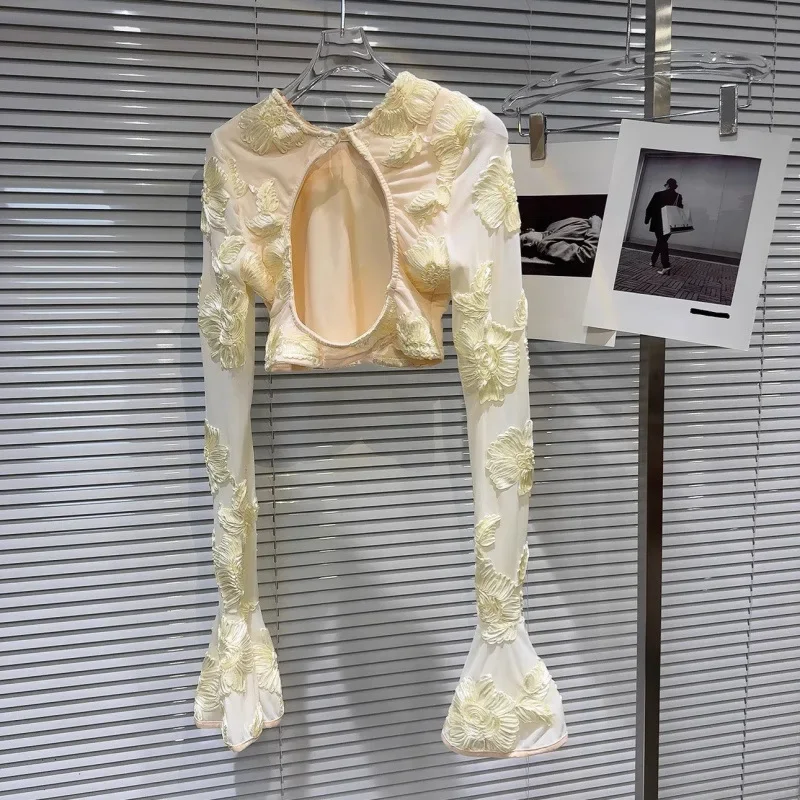 Summer Fashion Women Suits Embroider Flower Hollow Out Long Sleeve Tops Elastic Skirts Set Female Two Piece Sets Womens Outifits