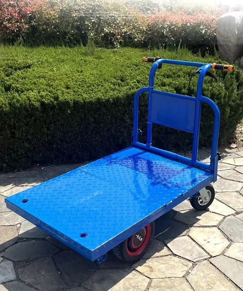 For Foldable Electric 4-Wheel Flat Trolley Heavy Duty Cargo Cart Warehouse Construction Site Transport Trailer