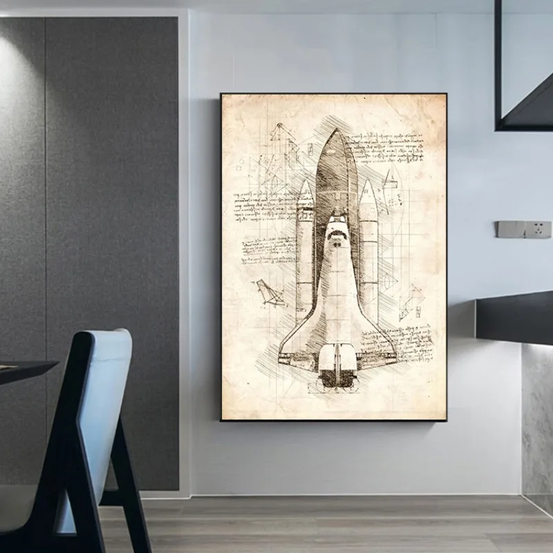 Da Vinci Inspired Canvas Print Vintage Astronaut Machine Sketches Retro Wall Art Space Shuttle Motorcycle Poster for Study Room